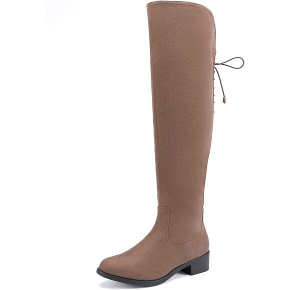Women's Taupe Faux Suede Over The Knee High Side Zip Block Heel Riding Booties - Picture 1 of 5